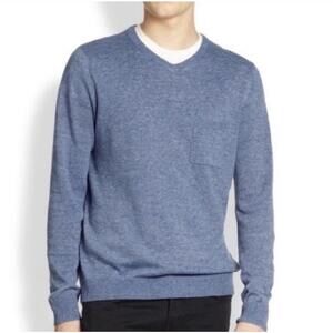 VINCE Mens Linen Blend V-Neck Chest Pocket Sweater In Heathered Blue-Size Medium